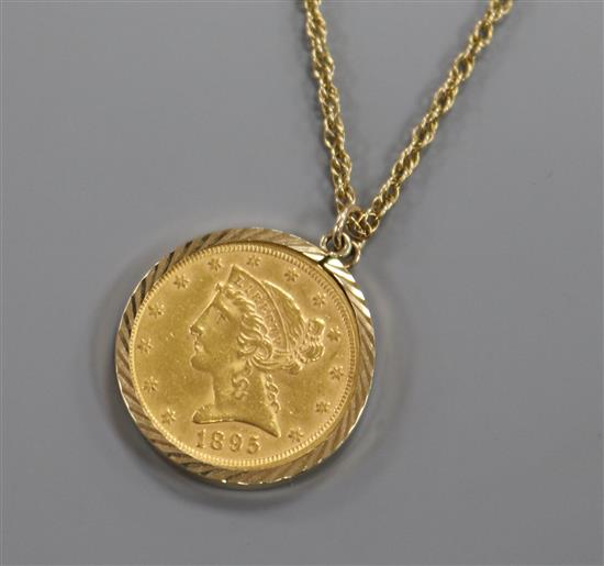 An 1895 gold half eagle five dollar coin on 9ct gold chain